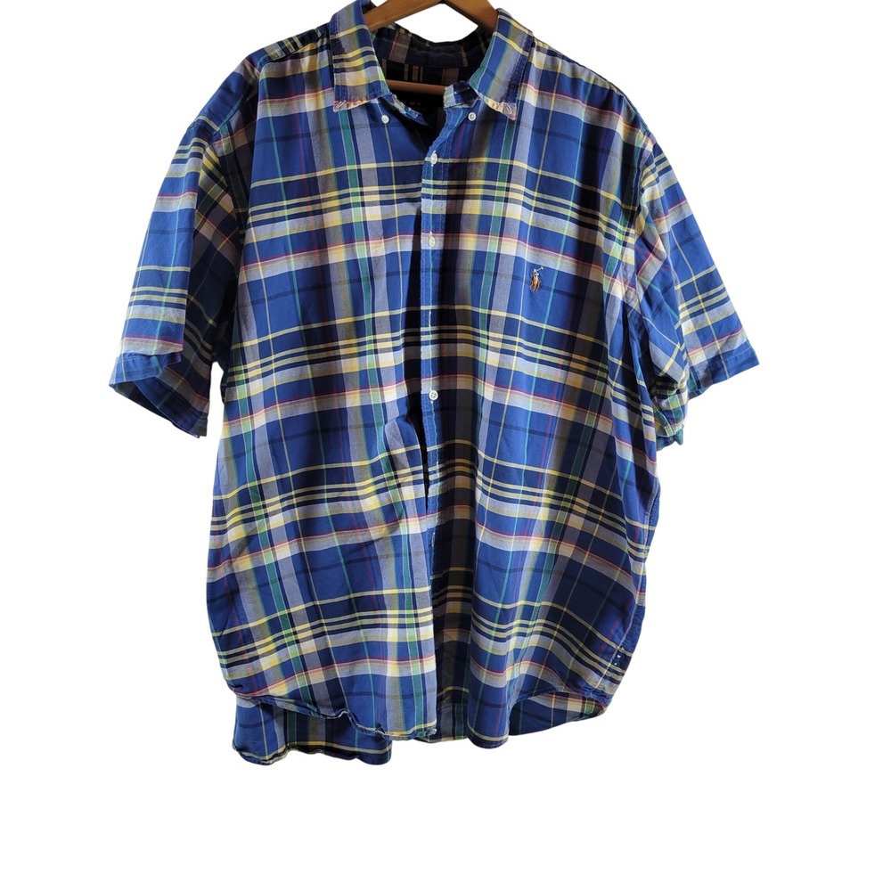 Ralph‎ Lauren Button Down Shirt Mens 2XB Blue Excellent Plaid Short Sleeve Pony